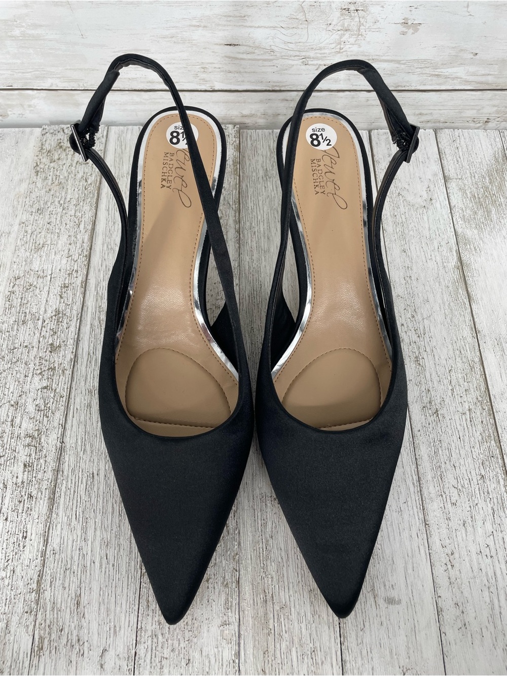 Jewel Badgley Mischka Black Satin Slingback Kitten Heels Size 8.5 - Picture 2 of 7